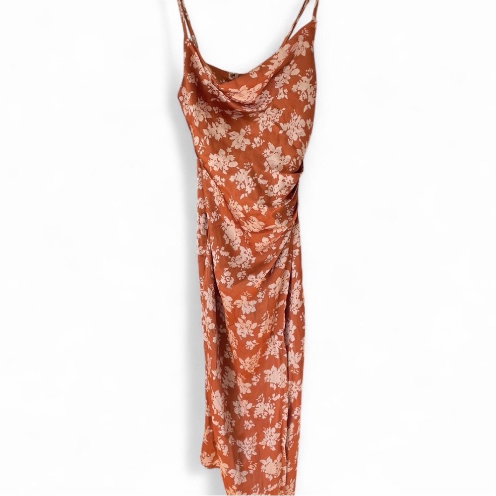 Orange Floral Midi Dress with Cowl Neck - Picture 3 of 5